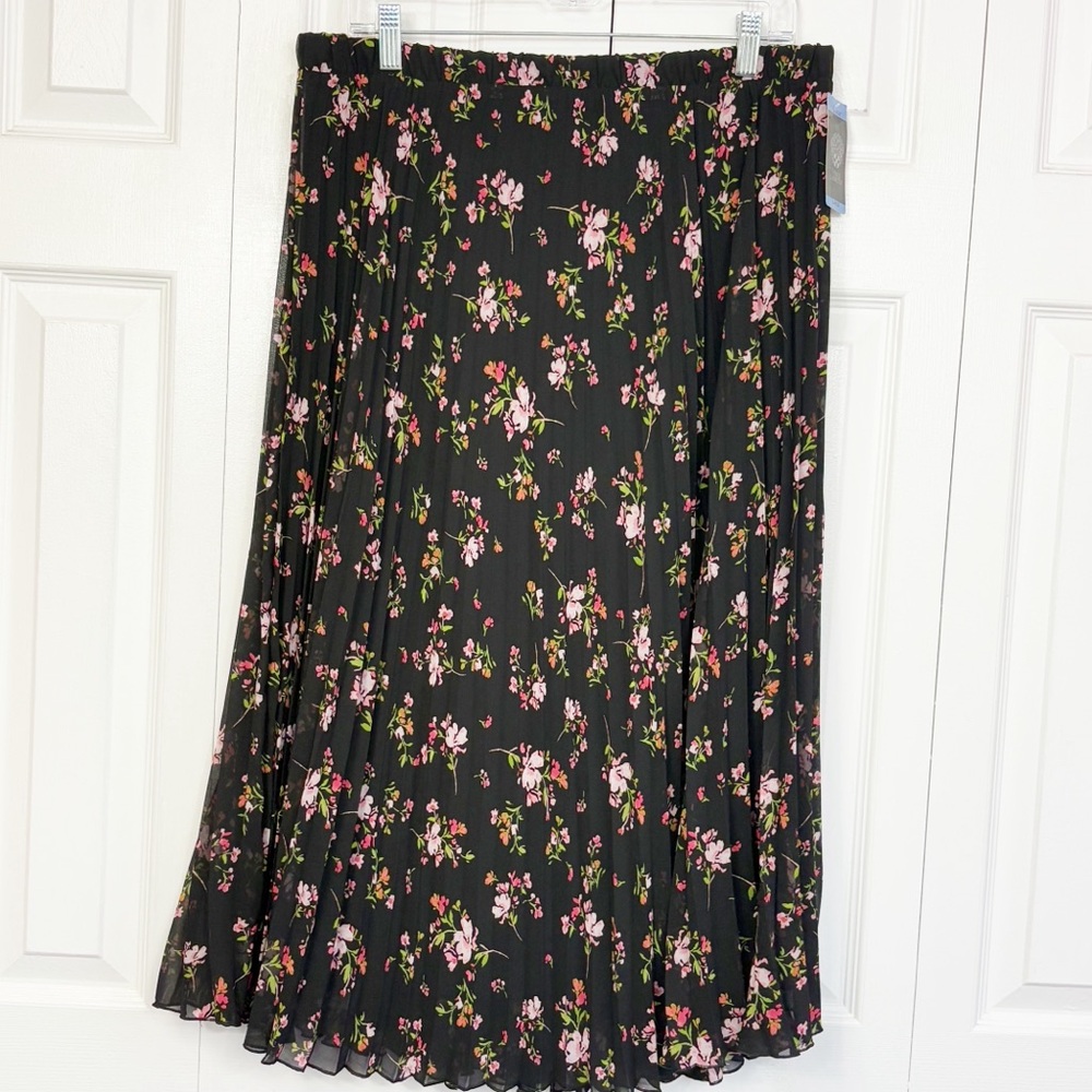 NWT Vince Camuto Black Multi Floral Stretch Pull-On Pleated Midi Skirt